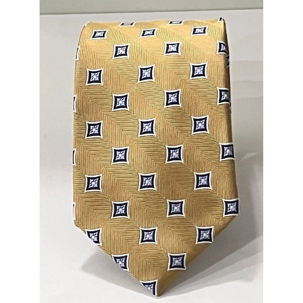 Jos A Bank 100% Silk Jacquard Gold & Blue Geometric Classic Men’s Necktie 3.5”